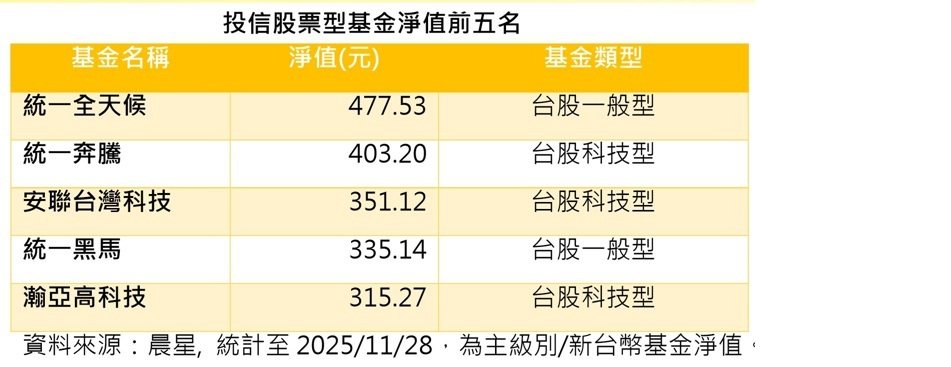 投信股票型基金净值前五名。资料来源:晨星 投信股票型基金净值前五名。资料来源:晨星