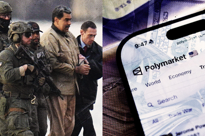 委内瑞拉总统马杜罗被捕。右图为Polymarket应用，这是一个基于加密货币的博彩平台。