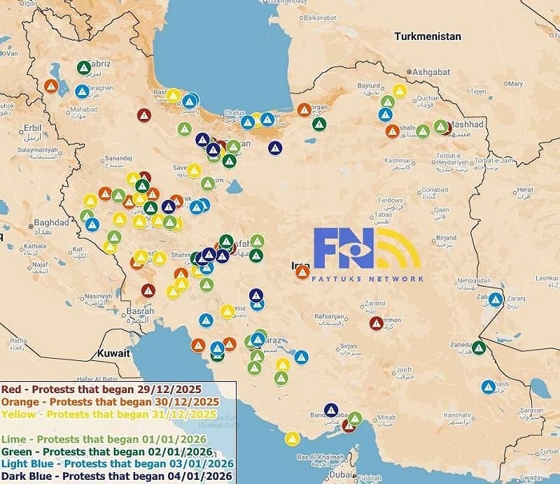  伊朗反政府抗爭行動已擴散至全國108 座城市，衝突也逐漸升級。 圖：翻攝自 X 