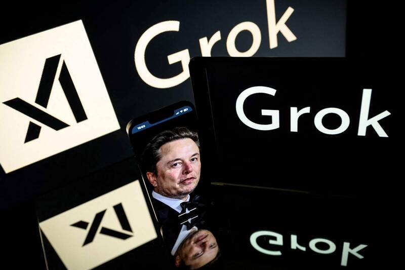 马斯克照片和Grok标志。（法新社档案照）