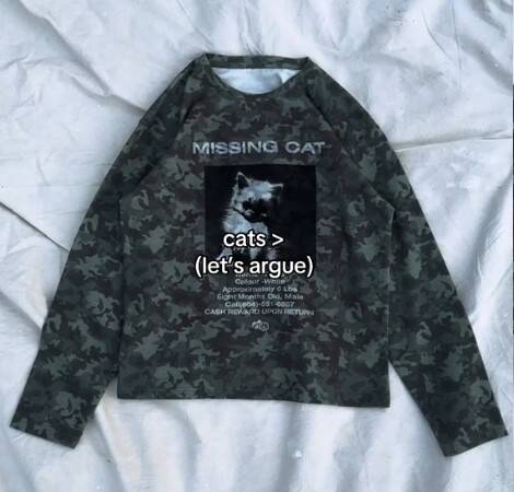 一家服饰品牌在T恤上印了「寻猫启事」的图案并意外使用到真实电话号码，引来大批民众打电话，让受害者苦不堪言。（图截自TikTok／@wisdumbny）