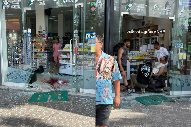 泰国普吉岛近日发生游客骑机车撞进药局的意外。（撷取自Rescue Team Volunteers Phuket/FB）