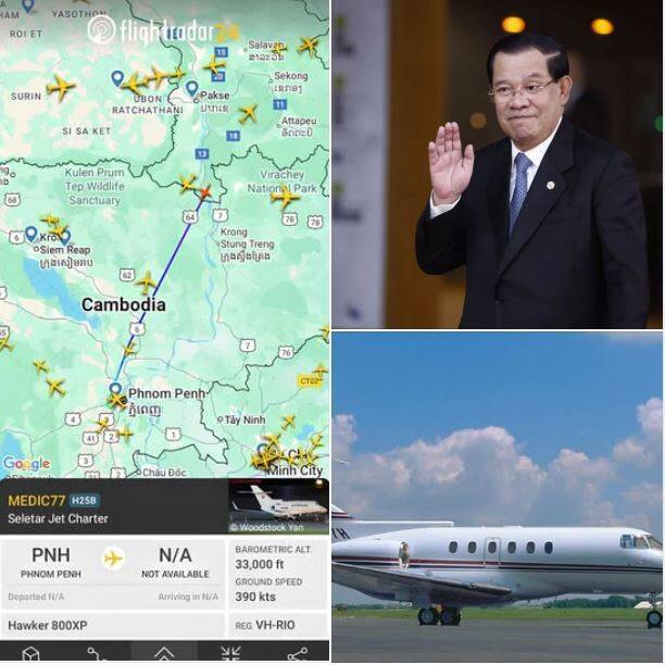 泰國臉書粉專「Army Military Force – สำรอง」，今引述flightradar24資訊發文表示，洪森編號MEDIC77的私人專機Hawker 800XP，已從柬埔寨的首都金邊起飛，正在飛往中國當中。（取自粉專「Army Military Force – สำรอง」）