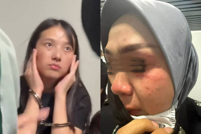 中國女子（左）因不滿出境遭攔，當場痛毆馬來西亞移民官員。（本報合成，擷取自@rizalhakimm_punyer/Threads）