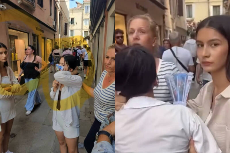 美国一名女子（条纹衣）在威尼斯遭遇扒手，狠狠抓住对方头发等待警方到来。（本报合成，撷取自@karismcelroy/TikTok）