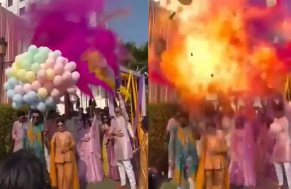 夢幻婚禮氣球突然爆炸　新人「頭頂冒出大火球」臉、背部全被燒。（圖／翻攝自X）