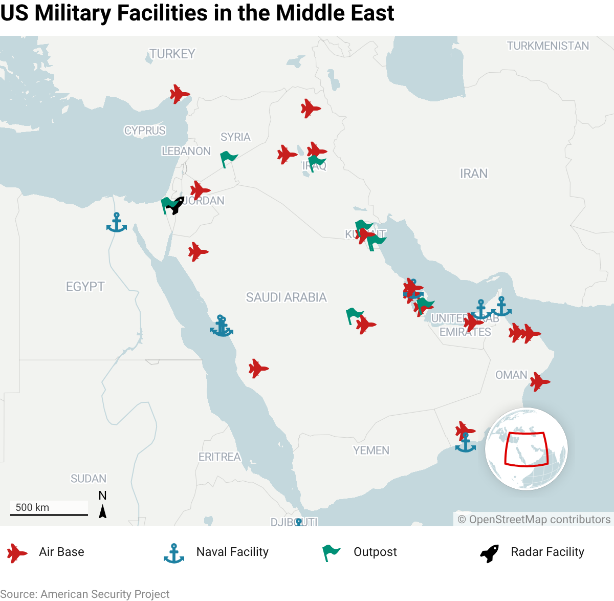 A map of US military facilities in the Middle East.
