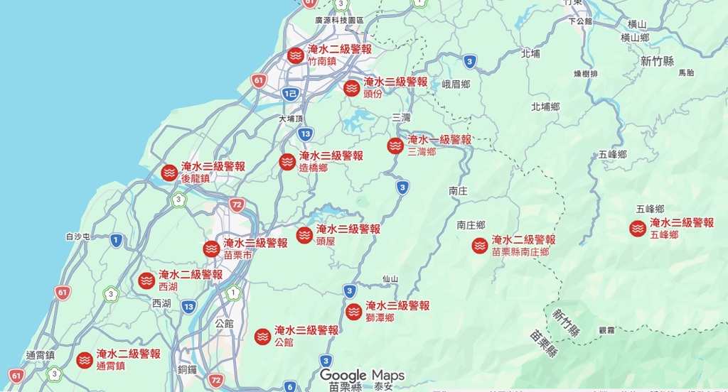 网友发现，苗栗县在Google地图上呈现一片红通通的警戒，惊呼是第一次看到。 （图/翻摄自Google地图）