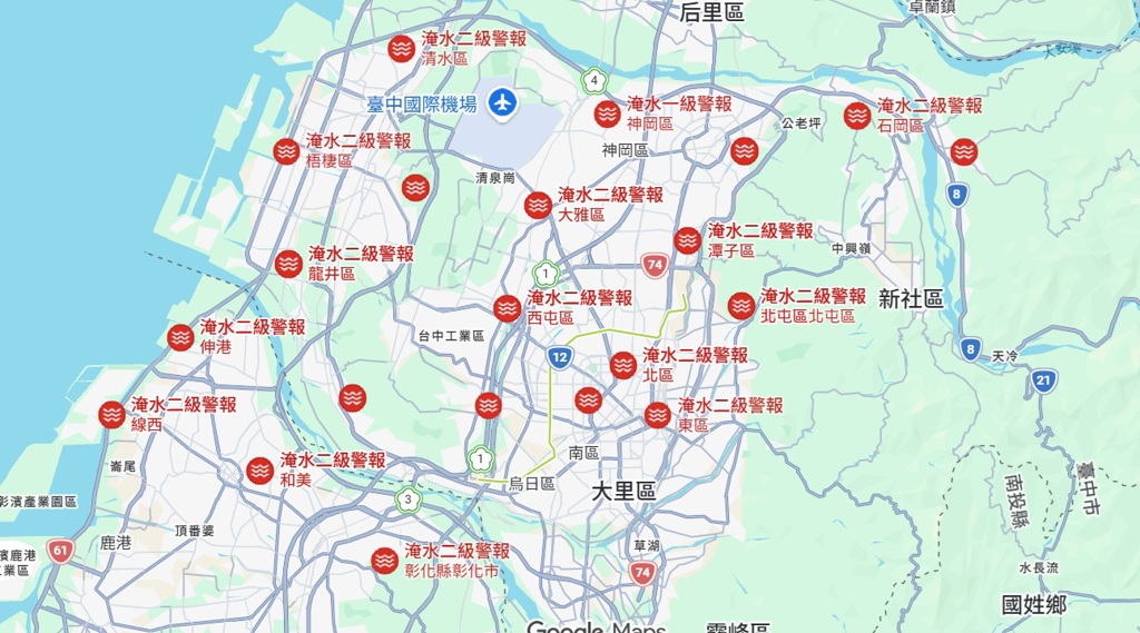 雨势逐渐南移，台中、彰化部分地区也需慎防淹水。 （图/翻摄自Google地图）