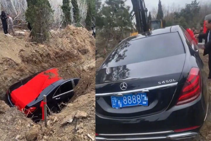车牌「8888」豪车覆红布下葬，引发外界关注。 （图/翻摄自中国新闻周刊）