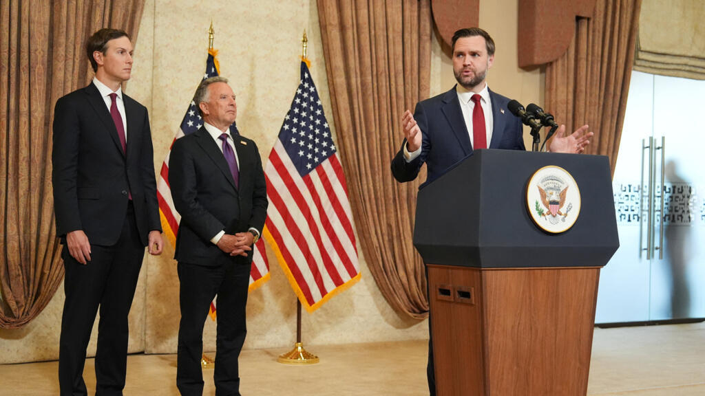 U.S. Vice President JD Vance speaks during a news conference after meeting with representatives from Pakistan and Iran as Jared Kushner and Steve Witkoff, Special Envoy for Peace Missions, April 12. 2026.