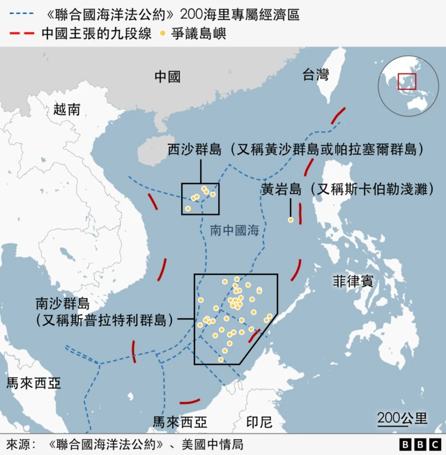南中国海地图,附有各主权争议岛屿及海域区块介绍