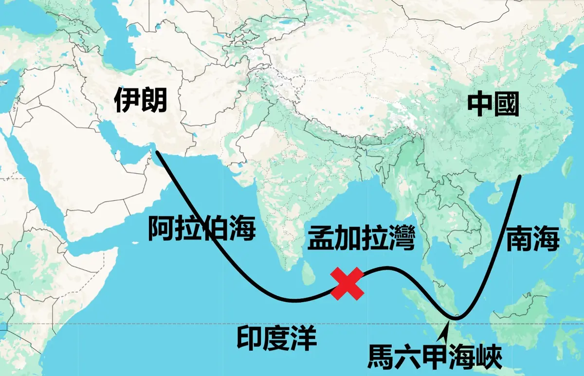 2026年4月,美军在印度洋至少拦截、扣押了两艘往返中国和伊朗的受制裁船只。2025年11月,美军也曾在印度洋拦截了中共船只,查获、销毁了准备运往伊朗的军民两用物项。(谷歌地图/大纪元制图)