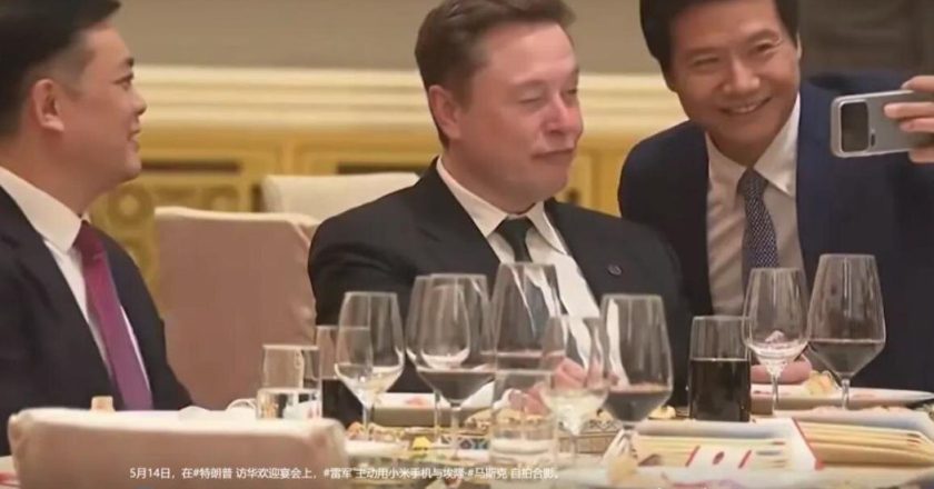 川习会国宴上…小米创办人雷军搭讪 马斯克眨眼配合自拍