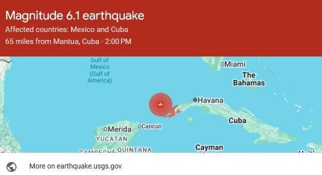 古巴西部外海今天发生强烈地震,美国地质调查所(USGS)通报规模6.1。图取自U...