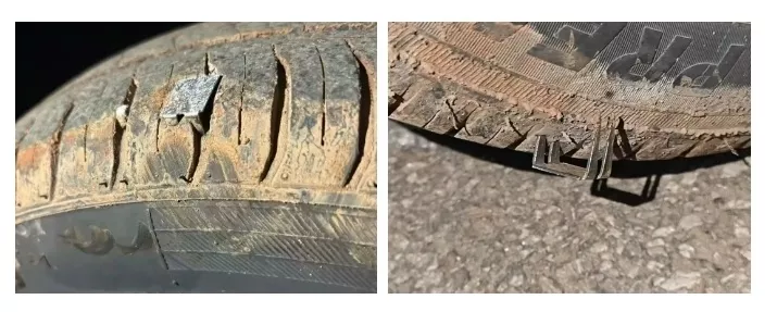 昆明多辆汽车被故意抛撒的带刺铁钉扎破轮胎