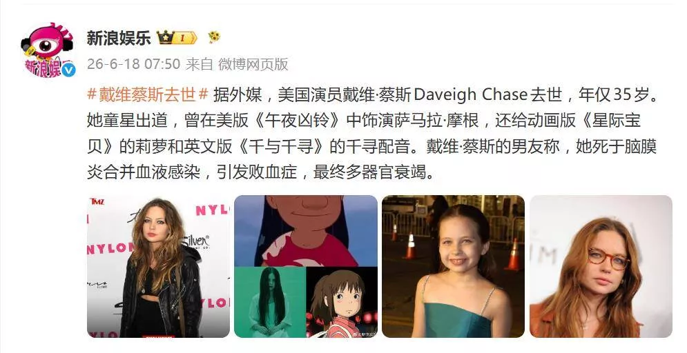 演员戴维.蔡斯去世,年仅35岁,童星出道,为英文版"千与千寻"配音
