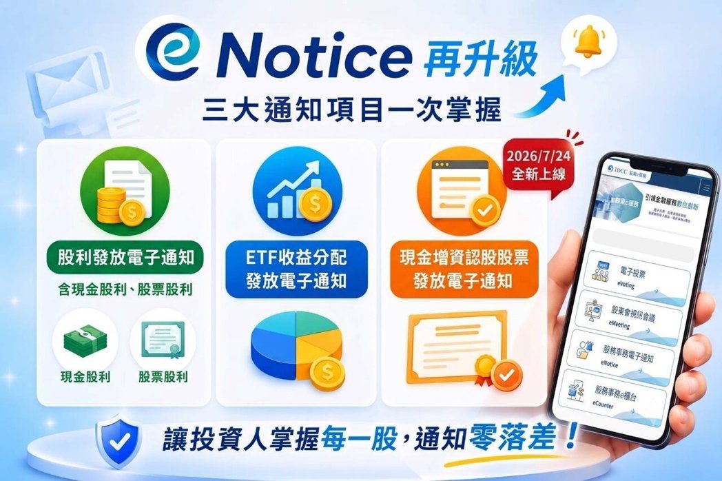 eNotice扩大纳入现增股票发放通知」(台湾集中保管结算所/提供) eNotice扩大纳入现增股票发放通知」(台湾集中保管结算所/提供)